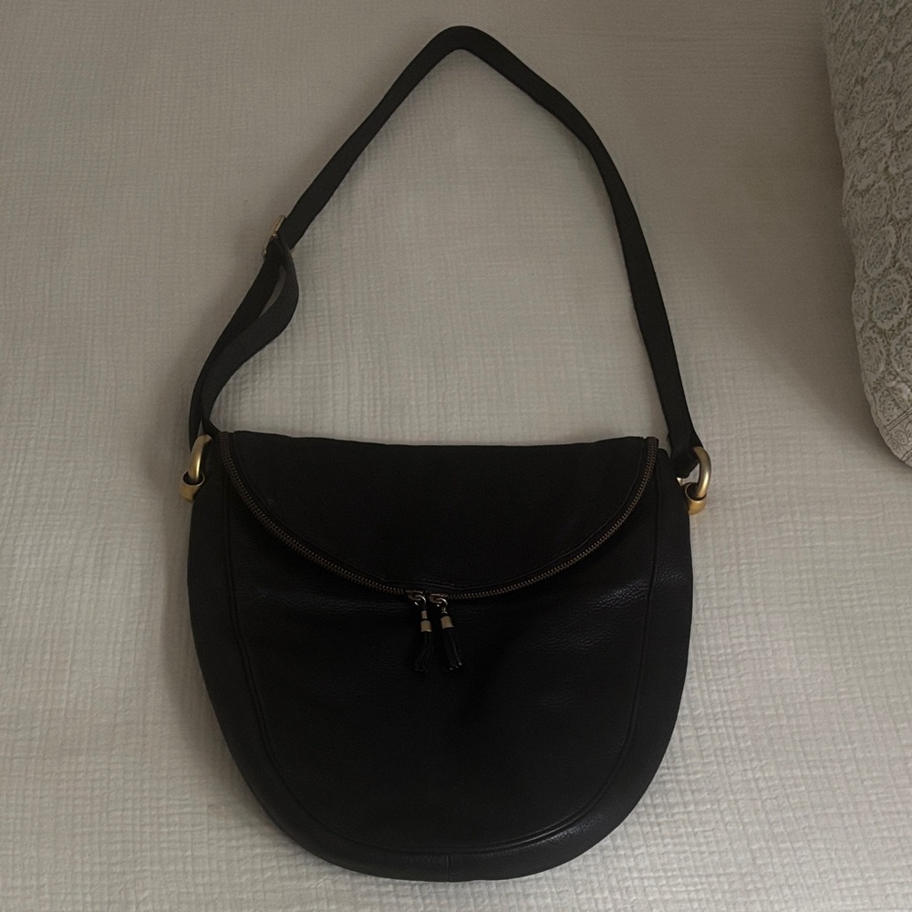 Plinio Visona Black Leather Shoulder Bag with Gold Accents